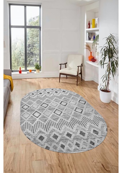 Baskılı Kaymaz Yıkanabilir Şık Kilim Desen Oval Yolluk Halısı Salon Halısı O-Modern-67-Gri
