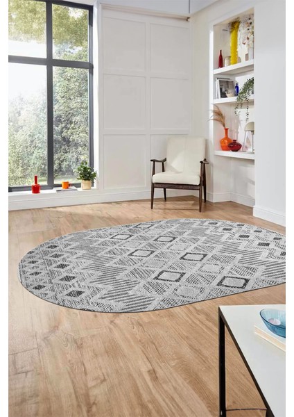 Baskılı Kaymaz Yıkanabilir Şık Kilim Desen Oval Yolluk Halısı Salon Halısı O-Modern-67-Gri