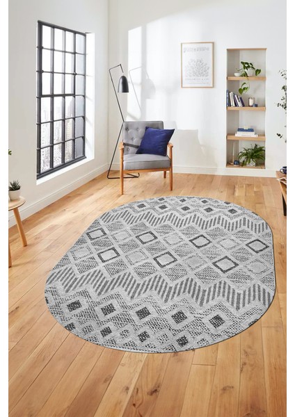 Baskılı Kaymaz Yıkanabilir Şık Kilim Desen Oval Yolluk Halısı Salon Halısı O-Modern-67-Gri