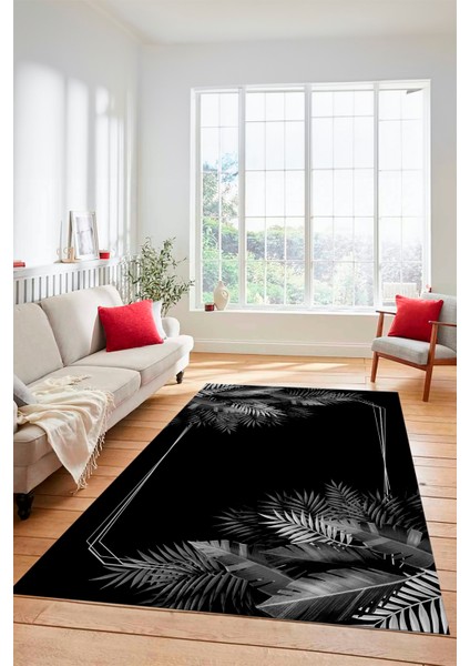 Modern Yaprak Desen Dijital Kaymaz Yıkanabilir Yolluk Mutfak Salon Halısı Modern-26-Gri