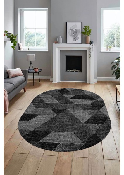 Baskılı Kaymaz Taban Yıkanabilir Modern Şık Oval Yolluk Mutfak Salon Halısı O-Modern-96-Antrasit indirimleri