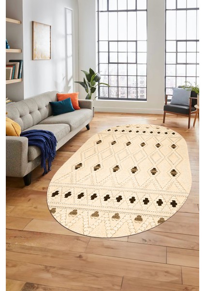 Baskılı Kaymaz Yıkanabilir Şık Kilim Desen Oval Yolluk Halısı Salon Halısı O-Modern-65-Krem