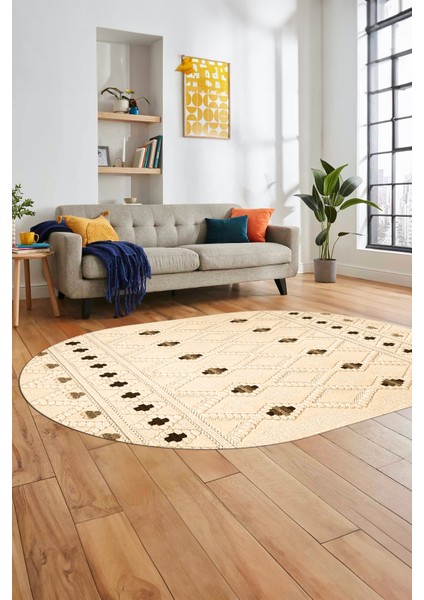 Baskılı Kaymaz Yıkanabilir Şık Kilim Desen Oval Yolluk Halısı Salon Halısı O-Modern-65-Krem fiyatları
