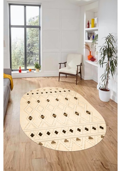 Baskılı Kaymaz Yıkanabilir Şık Kilim Desen Oval Yolluk Halısı Salon Halısı O-Modern-65-Krem modelleri