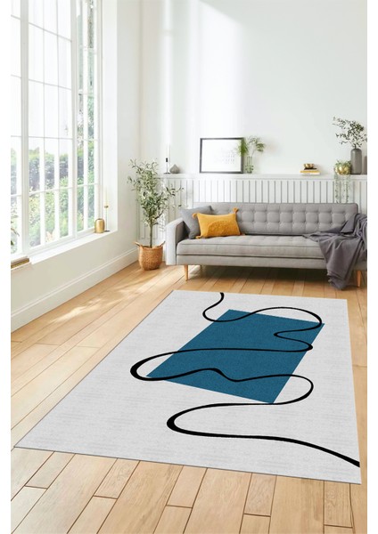 Baskılı Kaymaz Yıkanabilir Modern Yolluk Mutfak Halısı Salon Halısı Modern-61-Mavi