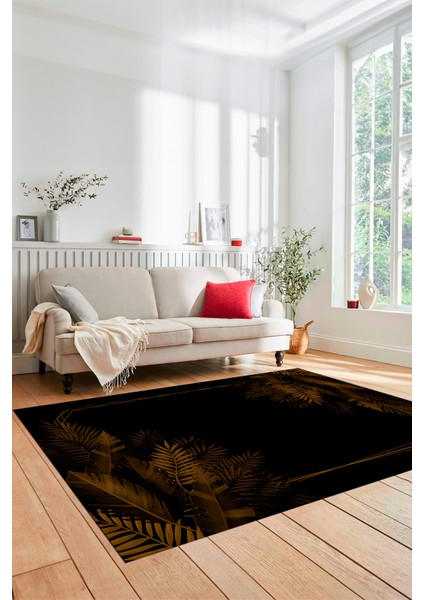 Modern Yaprak Desen Dijital Kaymaz Yıkanabilir Yolluk Mutfak Salon Halısı Modern-26-Kahve