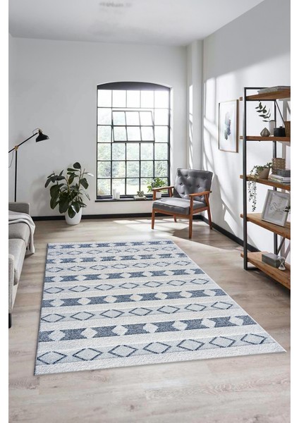 Baskılı Kaymaz Yıkanabilir Kilim Desen Yolluk Mutfak Halısı Salon Halısı Modern-64-Mavi