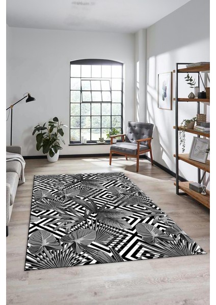 Yaprak Desen Baskılı Kaymaz Taban Yıkanabilir Modern Yolluk Salon Halısı MODERN-100-GRİ