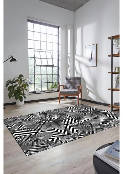 Yaprak Desen Baskılı Kaymaz Taban Yıkanabilir Modern Yolluk Salon Halısı MODERN-100-GRİ
