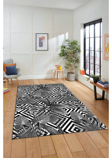 Yaprak Desen Baskılı Kaymaz Taban Yıkanabilir Modern Yolluk Salon Halısı MODERN-100-GRİ