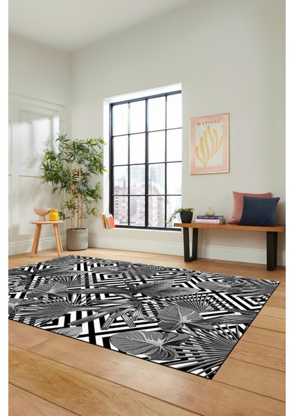 Yaprak Desen Baskılı Kaymaz Taban Yıkanabilir Modern Yolluk Salon Halısı MODERN-100-GRİ