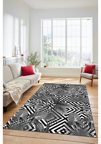 Yaprak Desen Baskılı Kaymaz Taban Yıkanabilir Modern Yolluk Salon Halısı MODERN-100-GRİ