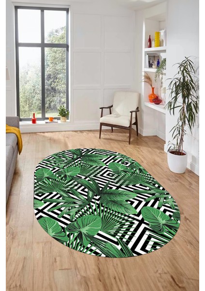 Yaprak Desen Baskılı Kaymaz Taban Yıkanabilir Modern Oval Yolluk Salon Halısı O-MODERN-100-YEŞİL