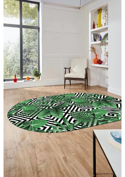 Yaprak Desen Baskılı Kaymaz Taban Yıkanabilir Modern Oval Yolluk Salon Halısı O-MODERN-100-YEŞİL fiyatları