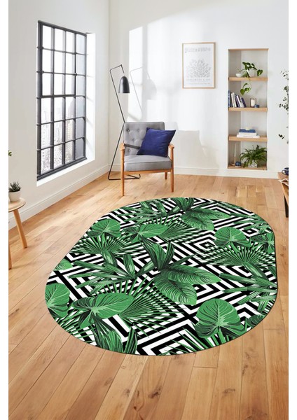 Yaprak Desen Baskılı Kaymaz Taban Yıkanabilir Modern Oval Yolluk Salon Halısı O-MODERN-100-YEŞİL modelleri