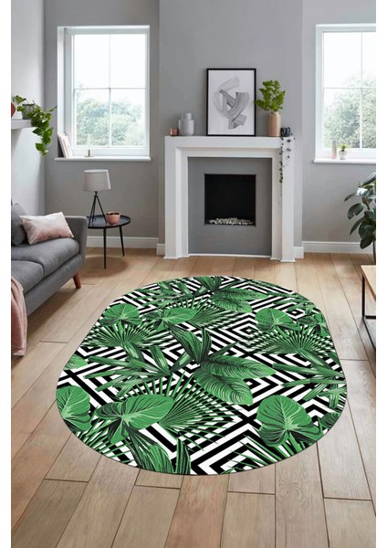 Yaprak Desen Baskılı Kaymaz Taban Yıkanabilir Modern Oval Yolluk Salon Halısı O-MODERN-100-YEŞİL indirimleri