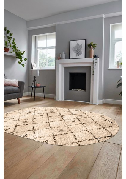 Baskılı Kaymaz Yıkanabilir Kilim Desen Oval Yolluk Mutfak Halısı Salon Halısı O-Modern-57-Bej