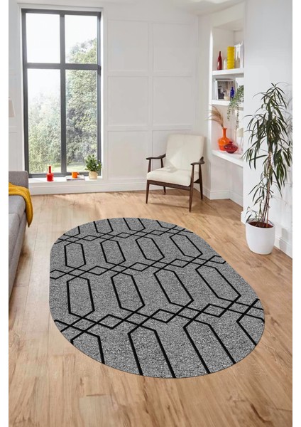Şık Sade Desen Özel Dijital Kaymaz Yıkanabilir Oval Yolluk Salon Halısı O-Modern-88-Gri