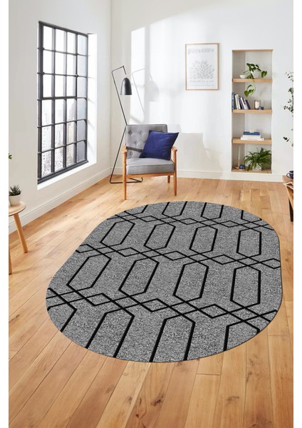 Şık Sade Desen Özel Dijital Kaymaz Yıkanabilir Oval Yolluk Salon Halısı O-Modern-88-Gri