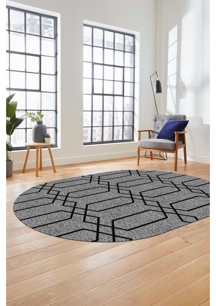 Şık Sade Desen Özel Dijital Kaymaz Yıkanabilir Oval Yolluk Salon Halısı O-Modern-88-Gri