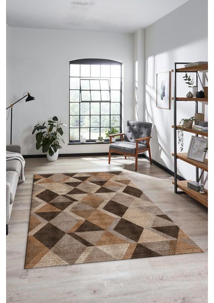 Baklava Desen Baskılı Kaymaz Taban Yıkanabilir Modern Yolluk Salon Halısı MODERN-103-KAHVE