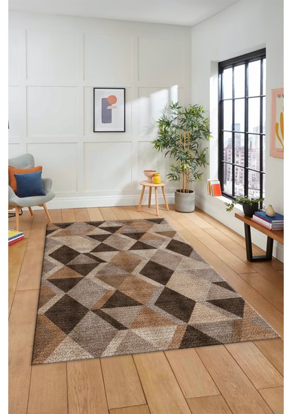 Baklava Desen Baskılı Kaymaz Taban Yıkanabilir Modern Yolluk Salon Halısı MODERN-103-KAHVE modelleri