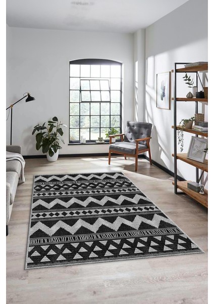 Kilim Desen Baskılı Kaymaz Taban Yıkanabilir Modern Yolluk Salon Halısı MODERN-105-ANTRASİT