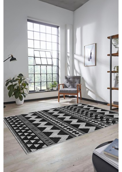 Kilim Desen Baskılı Kaymaz Taban Yıkanabilir Modern Yolluk Salon Halısı MODERN-105-ANTRASİT