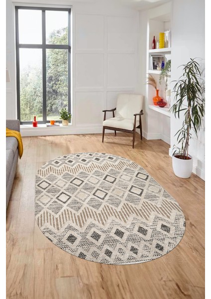 Baskılı Kaymaz Yıkanabilir Şık Kilim Desen Oval Yolluk Halısı Salon Halısı O-Modern-67-Bej modelleri