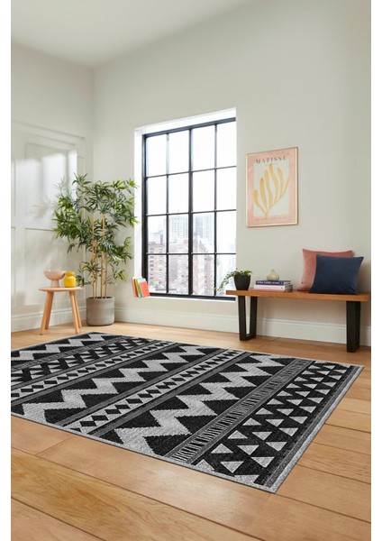 Kilim Desen Baskılı Kaymaz Taban Yıkanabilir Modern Yolluk Salon Halısı MODERN-105-ANTRASİT