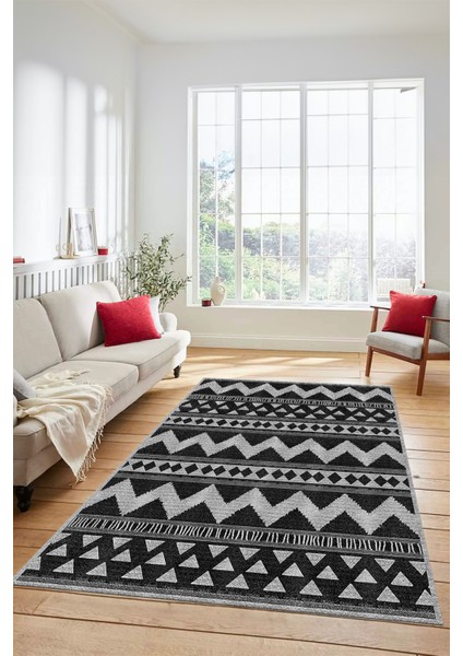 Kilim Desen Baskılı Kaymaz Taban Yıkanabilir Modern Yolluk Salon Halısı MODERN-105-ANTRASİT