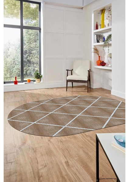 Sade Desenli Baskılı Kaymaz Taban Yıkanabilir Oval Yolluk Salon Halısı O-MODERN-116-KAHVE