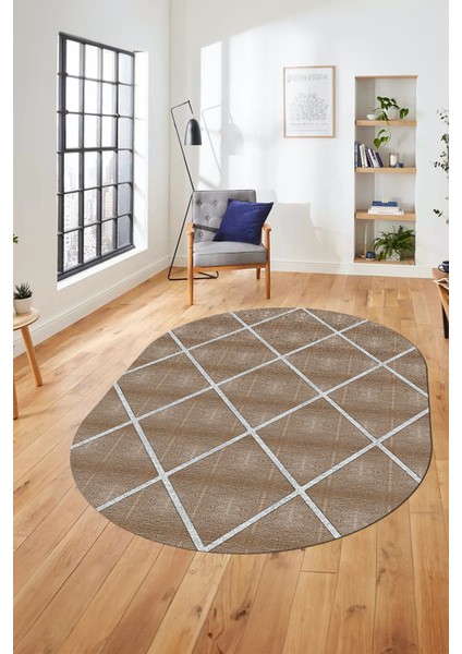 Sade Desenli Baskılı Kaymaz Taban Yıkanabilir Oval Yolluk Salon Halısı O-MODERN-116-KAHVE fiyatları
