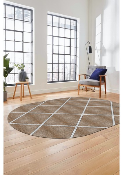 Sade Desenli Baskılı Kaymaz Taban Yıkanabilir Oval Yolluk Salon Halısı O-MODERN-116-KAHVE modelleri