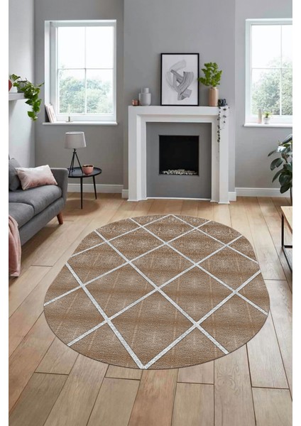 Sade Desenli Baskılı Kaymaz Taban Yıkanabilir Oval Yolluk Salon Halısı O-MODERN-116-KAHVE fırsatları