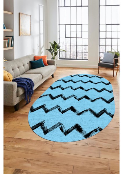 Modern Çizgili Zik Zak Desenli Dijital Kaymaz Yıkanabilir Oval Yolluk Salon Halısı O-Modern-71-Mavi