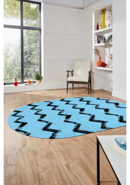 Modern Çizgili Zik Zak Desenli Dijital Kaymaz Yıkanabilir Oval Yolluk Salon Halısı O-Modern-71-Mavi fırsatları