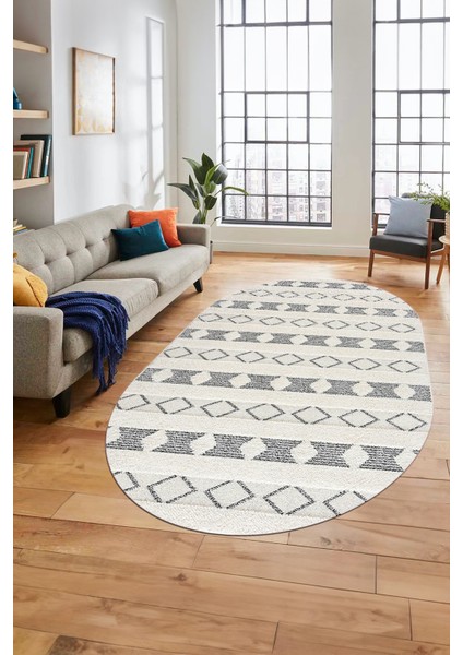 Baskılı Kaymaz Yıkanabilir Kilim Desen Oval Yolluk Mutfak Halısı Salon Halısı O-Modern-64-Krem