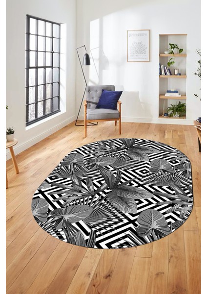 Yaprak Desen Baskılı Kaymaz Taban Yıkanabilir Modern Oval Yolluk Salon Halısı O-MODERN-100-GRİ modelleri