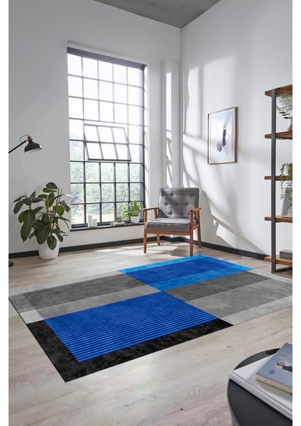 Baskılı Kaymaz Taban Yıkanabilir Modern Şık Yolluk Mutfak Salon Halısı MODERN-107-MAVİ