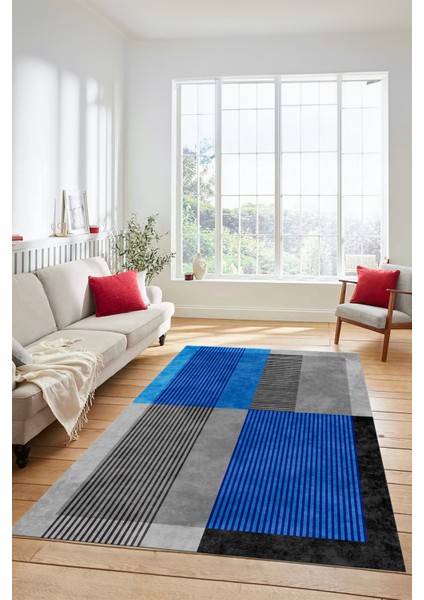Baskılı Kaymaz Taban Yıkanabilir Modern Şık Yolluk Mutfak Salon Halısı MODERN-107-MAVİ fırsatları