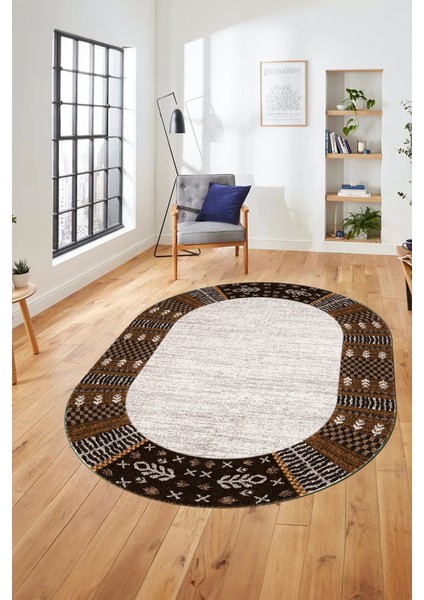 Etnik Baskılı Kaymaz Taban Yıkanabilir Oval Yolluk Mutfak Salon Halısı O-MODERN-119-KAHVE fiyatları