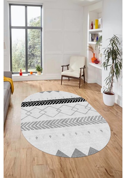 Sade Modern Kilim Desenli Dijital Kaymaz Yıkanabilir Oval Yolluk Salon Halısı O-Modern-75-Gri modelleri