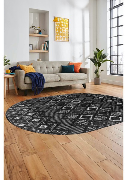 Baskılı Kaymaz Yıkanabilir Şık Kilim Desen Oval Yolluk Halısı Salon Halısı O-Modern-67-Antrasit fiyatları