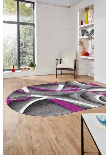3D Baskılı Kaymaz Taban Yıkanabilir Modern Oval Yolluk Mutfak Salon Halısı O-Modern-97-Mor