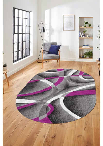 3D Baskılı Kaymaz Taban Yıkanabilir Modern Oval Yolluk Mutfak Salon Halısı O-Modern-97-Mor