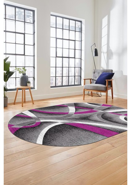 3D Baskılı Kaymaz Taban Yıkanabilir Modern Oval Yolluk Mutfak Salon Halısı O-Modern-97-Mor