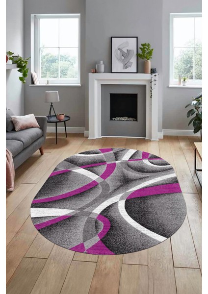3D Baskılı Kaymaz Taban Yıkanabilir Modern Oval Yolluk Mutfak Salon Halısı O-Modern-97-Mor