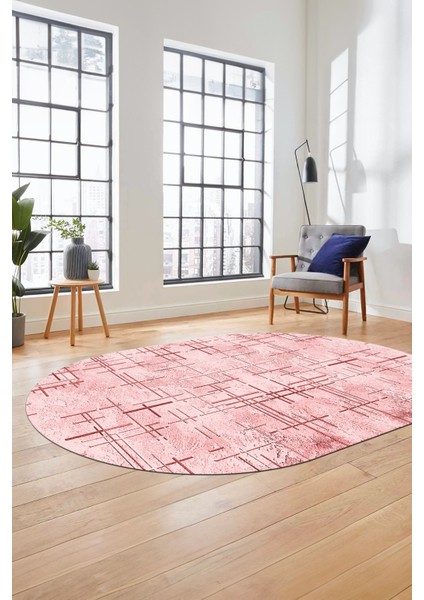 Sade Desen Modern Dijital Kaymaz Yıkanabilir Oval Yolluk Mutfak Salon Halısı O-Modern-89-Pembe indirimleri