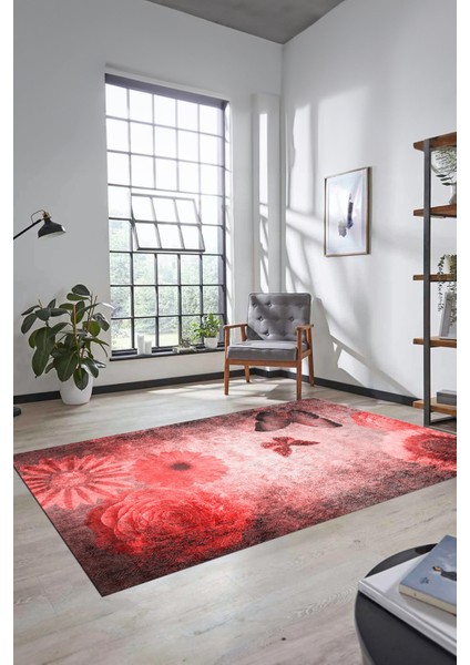 Baskılı Kaymaz Taban Yıkanabilir Modern Yolluk Mutfak Salon Halısı MODERN-109-KIRMIZI